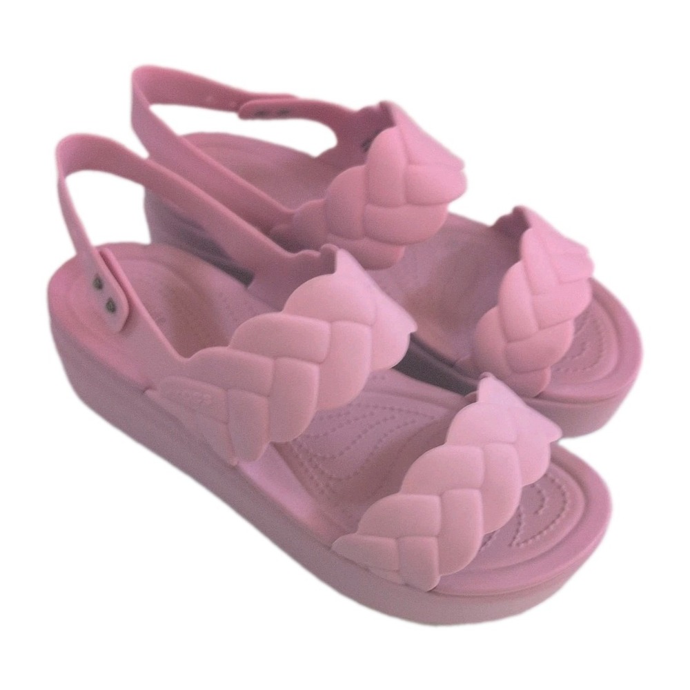 Crocs Women's Brooklyn Woven Low Wedge Sandal Pink Rosette Size 11 Platform